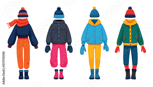 Colorful winter outfits with hats scarves and boots winter clothing jackets