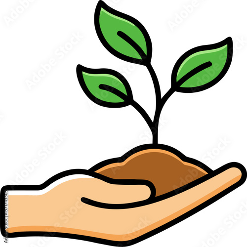 A single isolated stroke line icon of a green sprout with brown soil and a hand icon, representing plant care, clean colored line art, white background.
