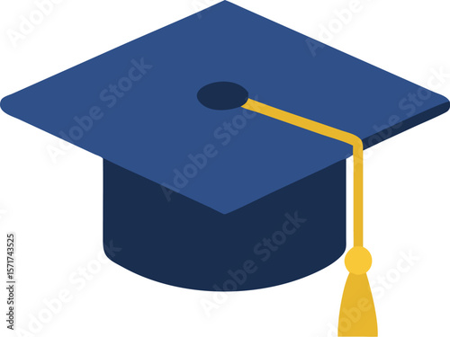 A single isolated stroke line icon of a dark blue graduation cap with golden tassel, modern colored vector, white background.