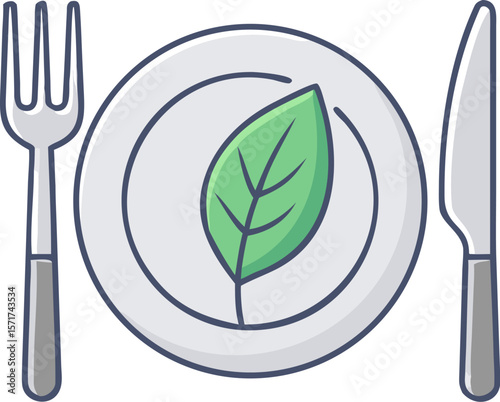 A single isolated stroke line icon of a green leaf on plate with grey utensils, symbolizing healthy meal, modern line style, white background.
