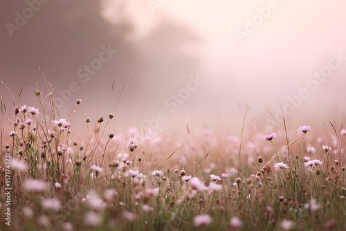 A serene meadow filled with delicate pink and purple wildflowers, bathed in soft light and a misty atmosphere.