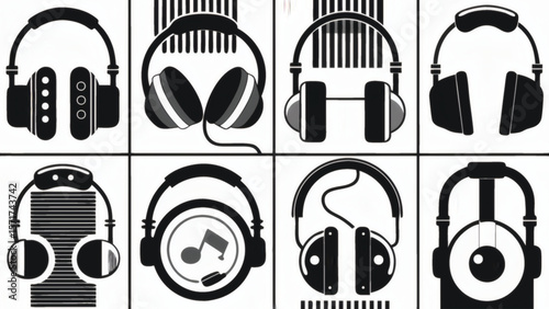 Diverse headphone designs in black and white headphones audio