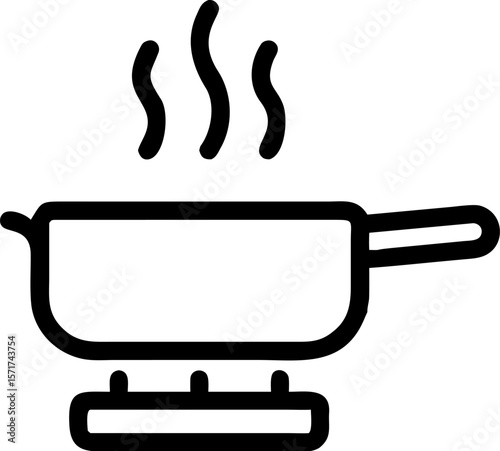 A single isolated black stroke line icon of a pot on stove with steam rising, symbolizing cooking or kitchen activity, outlined vector, white background.