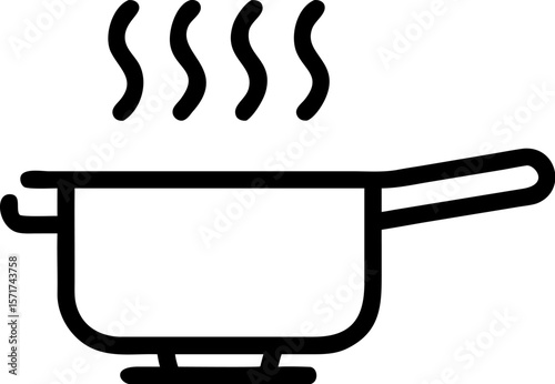 A single isolated black stroke line icon of a pot on stove with steam rising, symbolizing cooking or kitchen activity, outlined vector, white background.