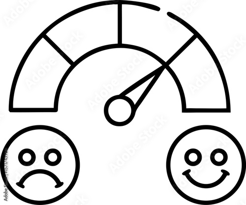 A single isolated stroke line icon of a face dial with emotional expressions from happy to sad, representing mood tracking, monoline style, white background.
