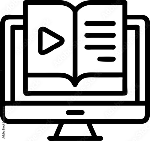 A single isolated black stroke line icon of a computer screen with a play button and book, representing online learning, monoline style, white background.