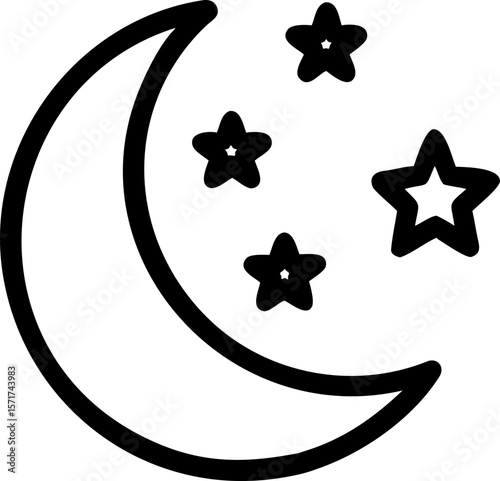 A single isolated black stroke line icon of a crescent moon with small stars, representing sleep or night mode, outlined icon, white background.