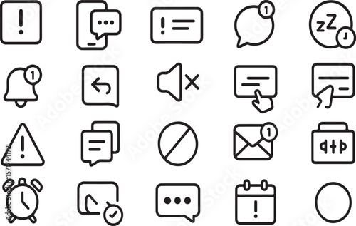 Collection of modern line art icons representing notifications alerts messages and system status indicators for digital interfaces