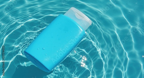 Blue Sunscreen Bottle Floating on Transparent Water