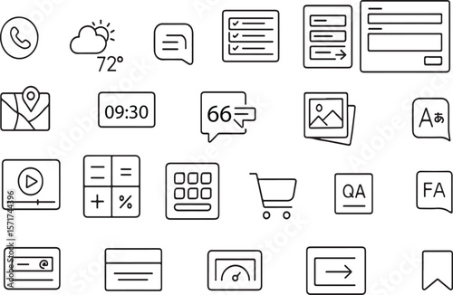 Collection of modern outline icons representing various digital functions and services including communication weather location time and more