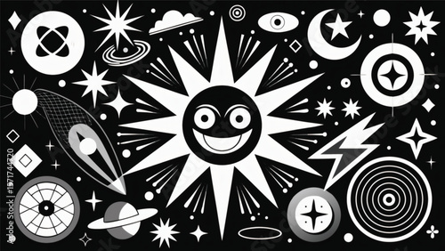 Smiling sun and celestial bodies in a cosmic pattern moon stars