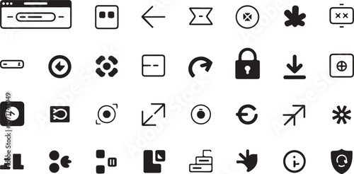 Collection of diverse black and white minimalist vector icons representing various digital functions and actions on a clean white background