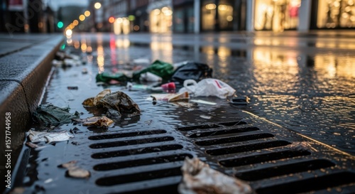Trash and litter accumulate in a city street drain after a rain, causing pollution
