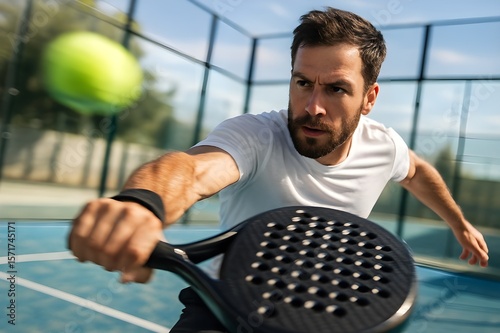 Focused man hitting a padel ball during an intense outdoor match on a modern court. Male athlete playing padel tennis in action with dynamic movement. Professional padel player. Active sport. Tennis. 