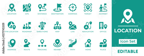 Location Icon Set. Includes icons of map pins, GPS, compass, navigation, route, and markers. Perfect for travel apps, delivery services, maps, and directories.
