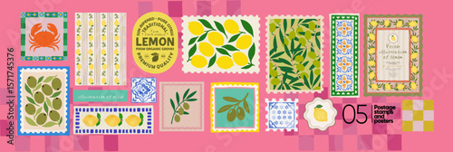 Mediterranean Italian summer postage stamps. Amalfi. Vector illustrations of label, ceramic tile, crab, olives, seamless pattern, lemons, sun and frame or border for invitation, poster or background