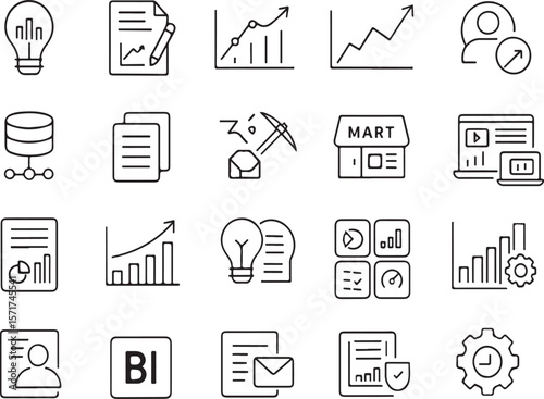 Collection of modern flat outline icons representing business analytics data management and growth strategies for digital platforms