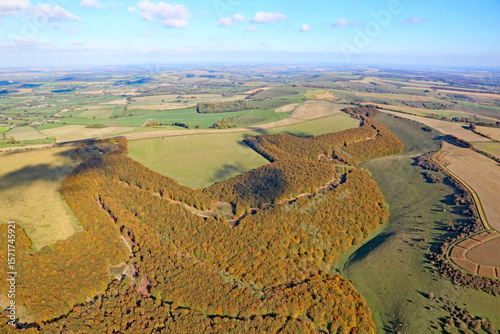 Aerial view of the fields and woods in Wiltshire in Autumn	