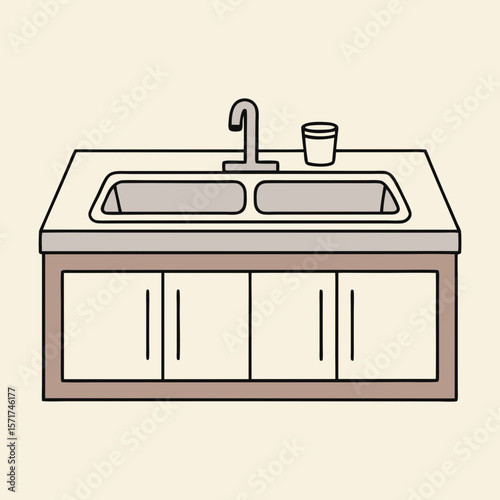 Sink with faucet and cabinet in flat design
