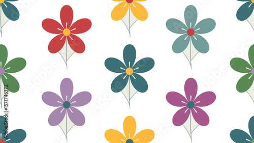 A repeating pattern of simple five petal flowers in various colors on light background