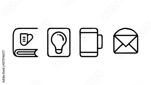 Creative icons set design with book, bulb, mug, and envelope for web and graphic