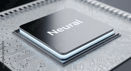 Close-up of a neural microchip on a circuit board with glowing blue light