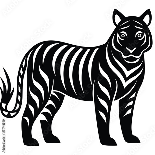 Stylized black tiger silhouette with white stripes isolated on white background