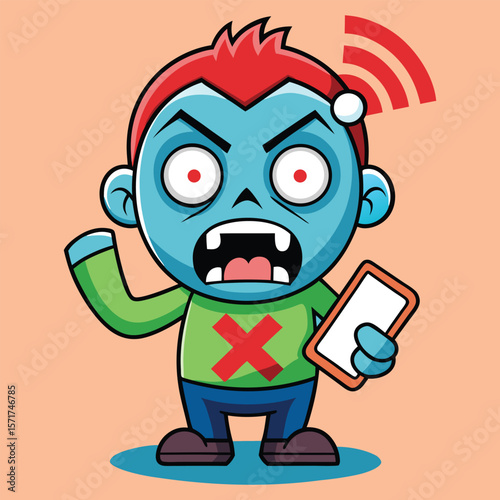 Halloween zombie character frustrated with phone signal loss
