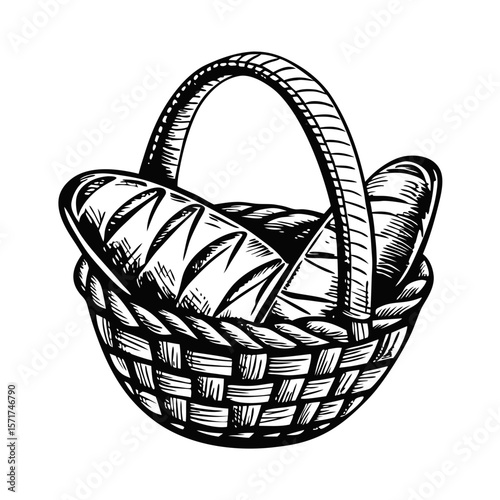 Bread basket sketch features crusty baguettes in rustic container with woven handle. Bread basket, with its freshly baked breads, evokes warmth, comfort, and simplicity.