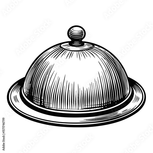 Cloche over plate in hand-drawn engraving style. Cloche covers dish on plate with fine lines, in line art, creating refined aesthetic. Concept cloche over plate ideal for menu design.