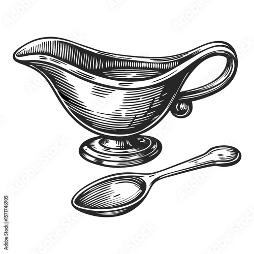Sauceboat and spoon illustration in a hand drawn style for sophisticated dining presentations. Detailed gravy boat with elegant spoon conveys classic culinary service.
