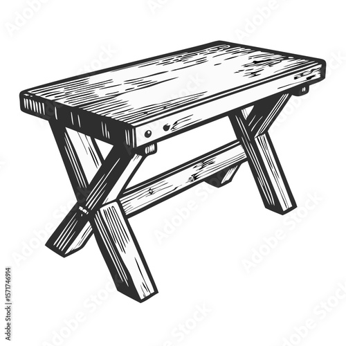 Rustic kitchen table shown in hand-drawn engraving, displaying plank tabletop and cross legs. Rustic kitchen table presents sturdy design elements evocative of handcrafted furniture.