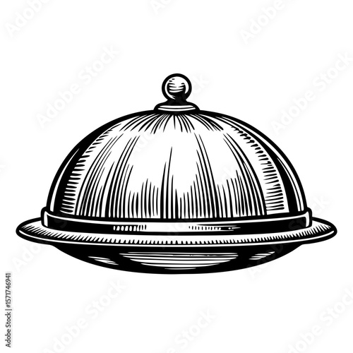 Serving tray with lid in hand-drawn engraving style showcases metal platter with dome cover and knob. Serving tray with lid keeps food warm during meal service, reflecting quality dining.