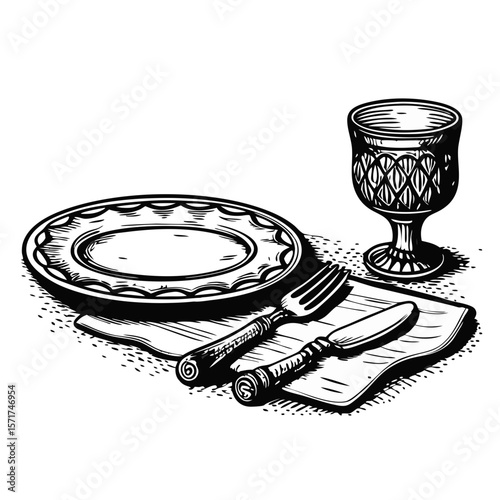 Hand-drawn engraving shows table setting sketch with plate, silverware and glass. Table setting sketch displays refined dining utensils on napkin with vintage design.