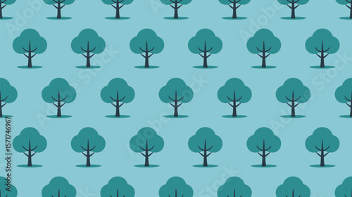 Repeating pattern of stylized trees with rounded crowns on a light blue background