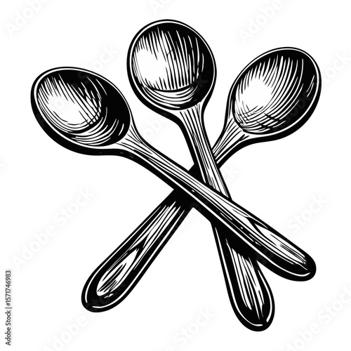 Wooden spoon set illustration with three cooking utensils and kitchenware in engraved style. Wooden spoon set shows classic design for culinary applications, highlighting traditional cooking tools.