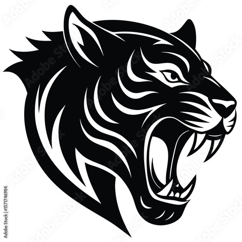 Fierce black tiger head roaring aggressively isolated on white background