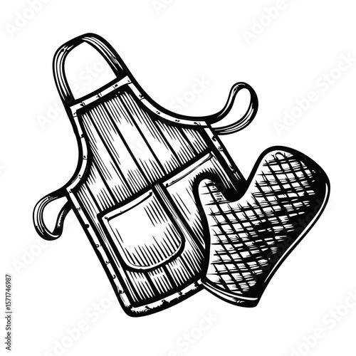 Apron and oven mitt depicted in a hand drawn engraving. Engraved apron design shown with cooking mitt as a graphic detail.