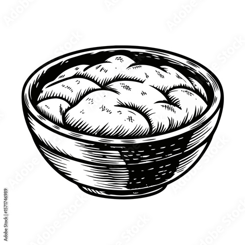 Bowl of dough, prepared for baking bread or pizza, shown in hand-drawn engraving style. Bowl of dough includes basic food preparation ingredients: flour and water, ready to be baked in oven.
