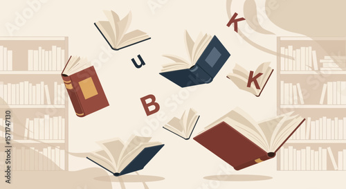Abstract Floating Books Concept For Academic Library With Beige Background Scene