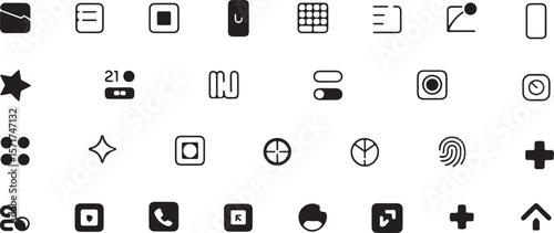 A collection of modern minimalist black icons representing various digital functions and ui elements on a white background