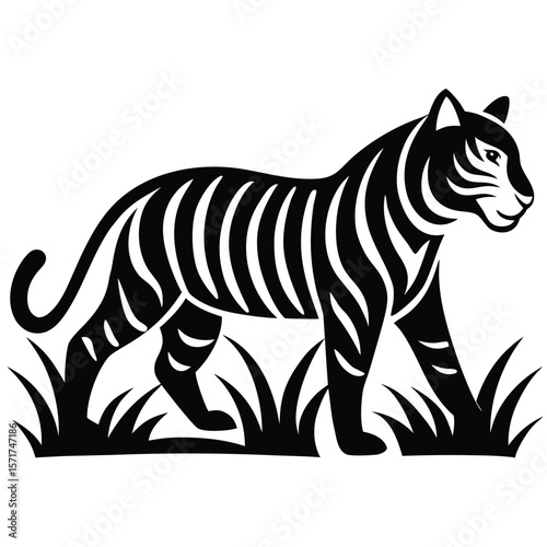 Stylized black silhouette of a tiger walking through grass isolated on white background