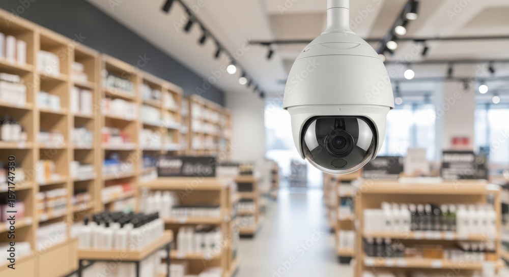 Fototapeta premium A security camera monitors a retail shop, providing surveillance and protection with its advanced technology