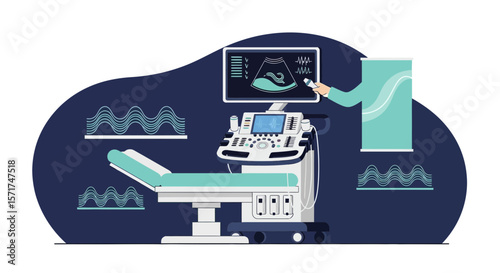 Illustrative Medical Scene Featuring Ultrasound Equipment And Doctor's Hand Scanning