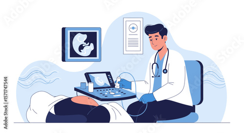 Doctor Doing Ultrasound Scan On Pregnant Woman For Medical Checkup