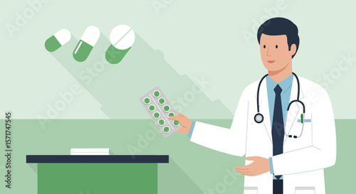 Doctor Displaying Green Pills With A Medical Healthcare Consultation And Diagnosis