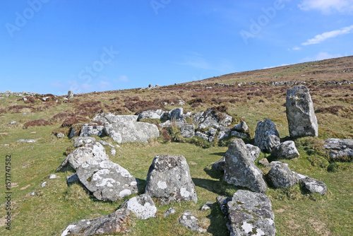 Granite stone circle in Dartmoor National Park in Devon