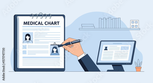 Doctor Examining Medical Chart, Healthcare Professional Reviewing Patient Records Online