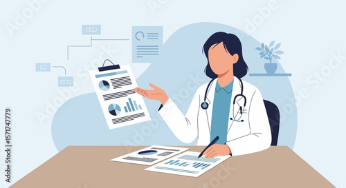 Analyzing Medical Data Female Doctor Reviewing Patient Records And Charts