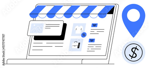 Laptop screen showing an online store interface with product icons, discount tag, location marker, and dollar sign. Ideal for e-commerce, business, retail, shopping, marketing finance